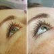 Two picture of an green eye, the one on the right has lifted lashes