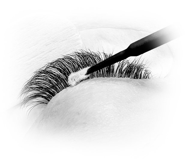 Black and white photo of an Microbrush Applicator being applied on a lash